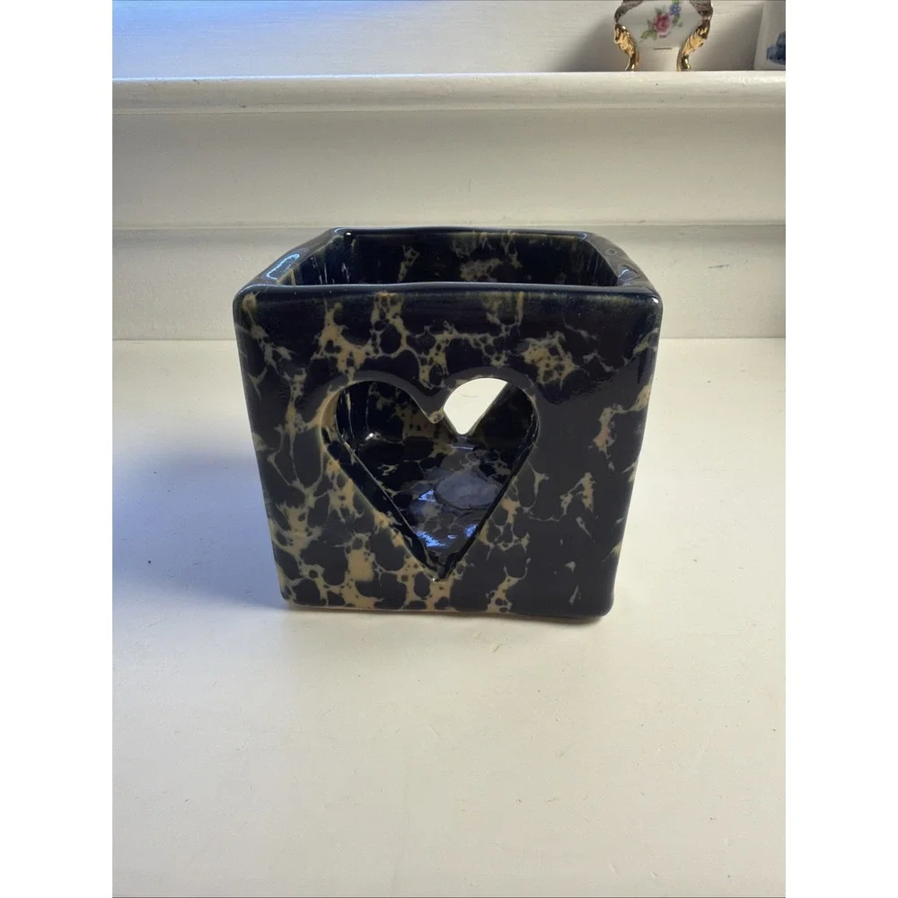 Bennington Potters Cube Vase Mid Century Modern 1844 Cut Out Heart Blue Rare‎